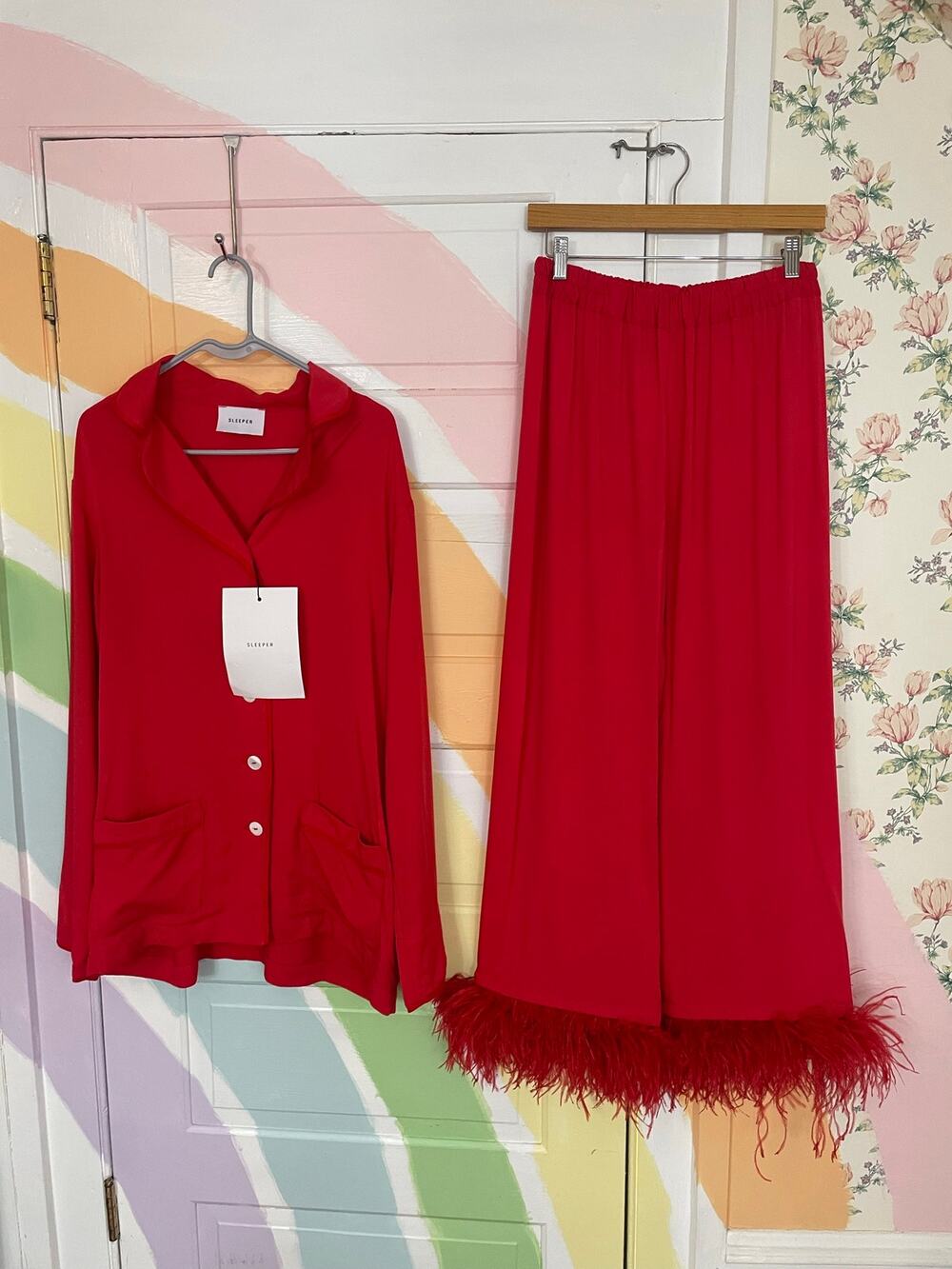 Sleeper Party Pajama Set L Red Ostrich Feather Trim NWT Luxury
